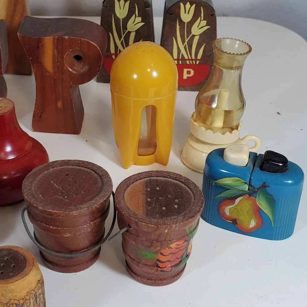 Vintage Lot Salt & Pepper Shakers Wooden Wood Plastic Mix Most Paired Collection